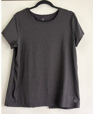 Adrienne Vittadini Sport Grey Keyhole Split Back Mesh Layer Workout Top Tee L